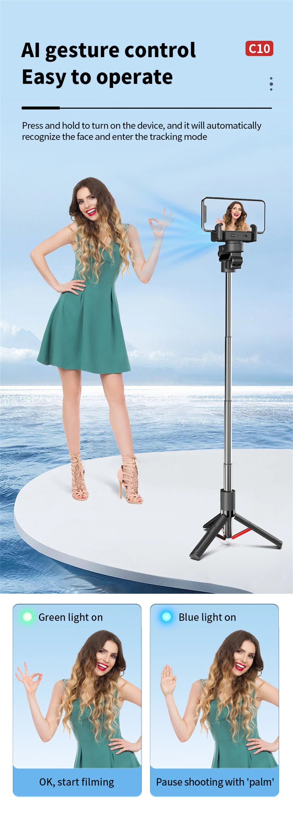 COOL DIER C10 AI face tracking Gimbal For Phone Stabilizer, 360 Auto Rotation Desktop Follow Gimbal with Remote for Smartphone