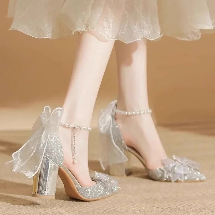 High Heels 2025 New Pearl Bow Silver Hollow Sandals Graduation Wedding Dress Big Size Bride Shoes