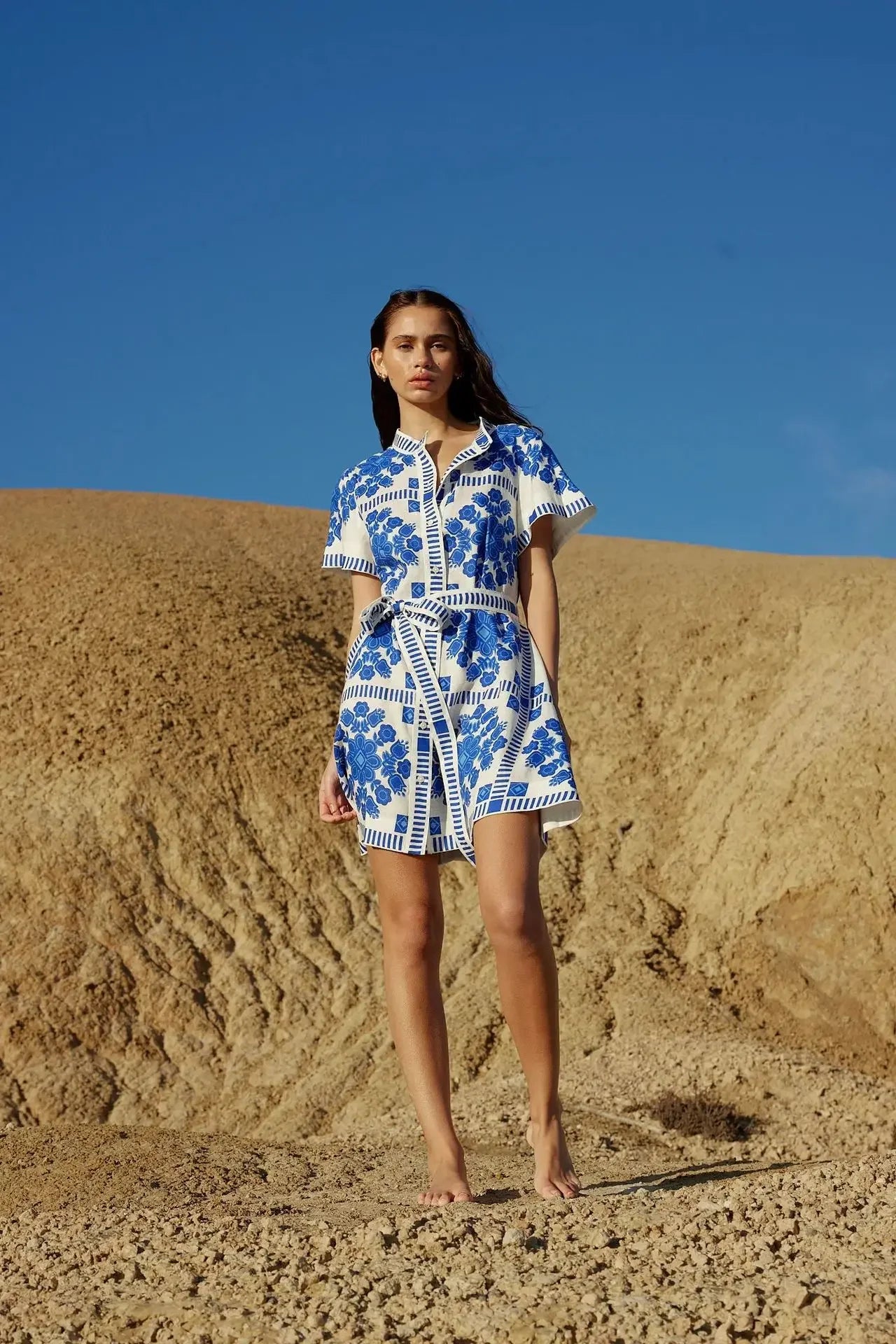 Fashionable Printed Belted Casual Women's Dress Summer Style Cross-Border Clothing Elegant Simple Design Maxi Length Gown