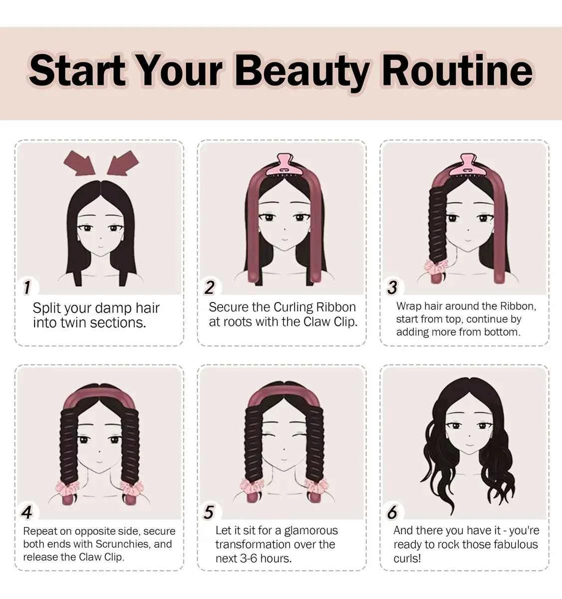 Heatless Curls Set by [Brand Name] - 6pcs No-Heat Curling Rods & Satin Sleep Cap for Effortless, Overnight Glam