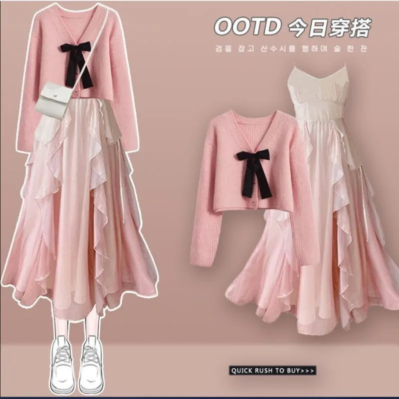 Elegant Korean Chic Two-Piece Dress Set: Short Sweater & Suspended Skirt for Spring & Autumn