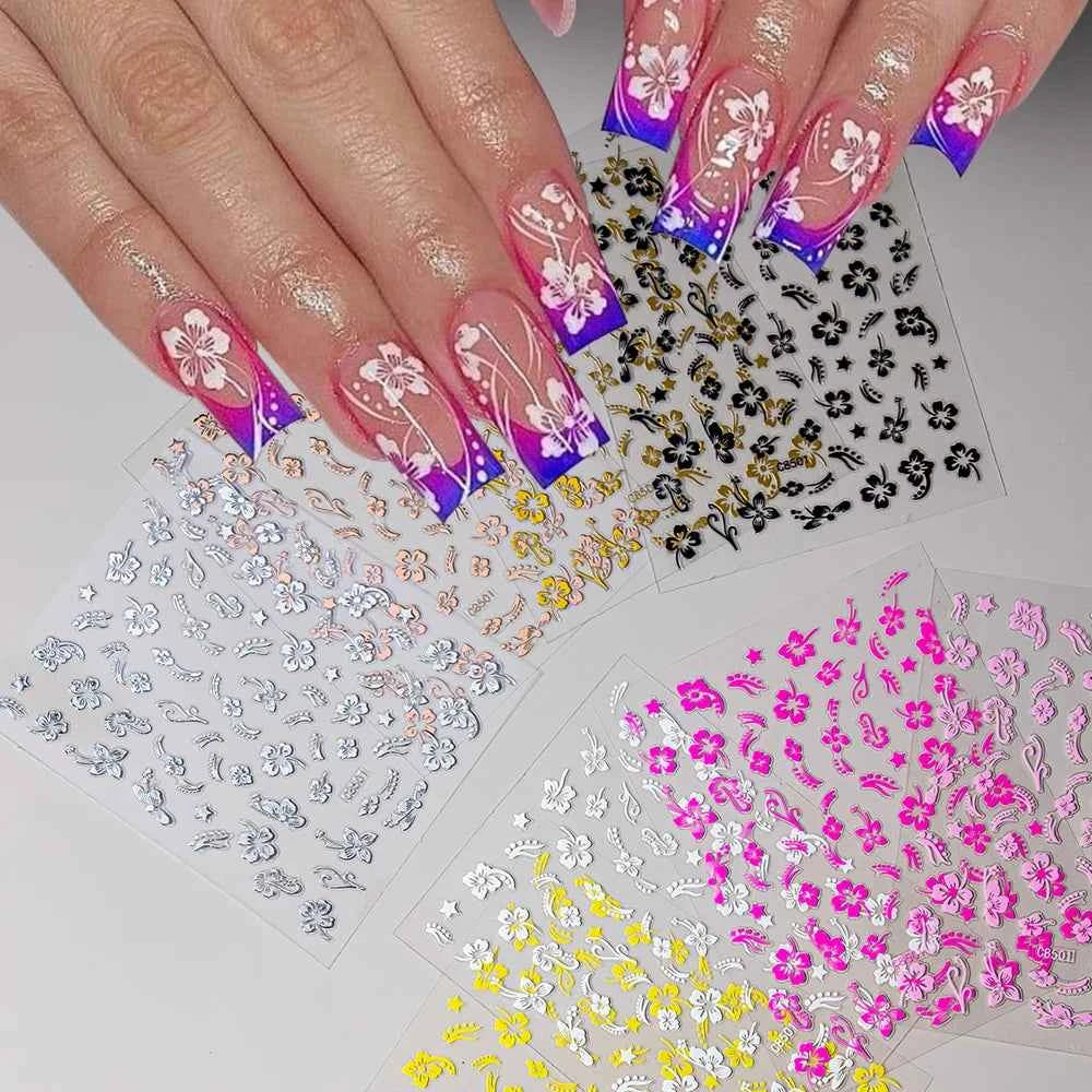 1pcs 3D White Hibiscus Flowers Nail Stickers Holographic Silver Gold Tropical Petal Slider For Nails French Manicure Decoration