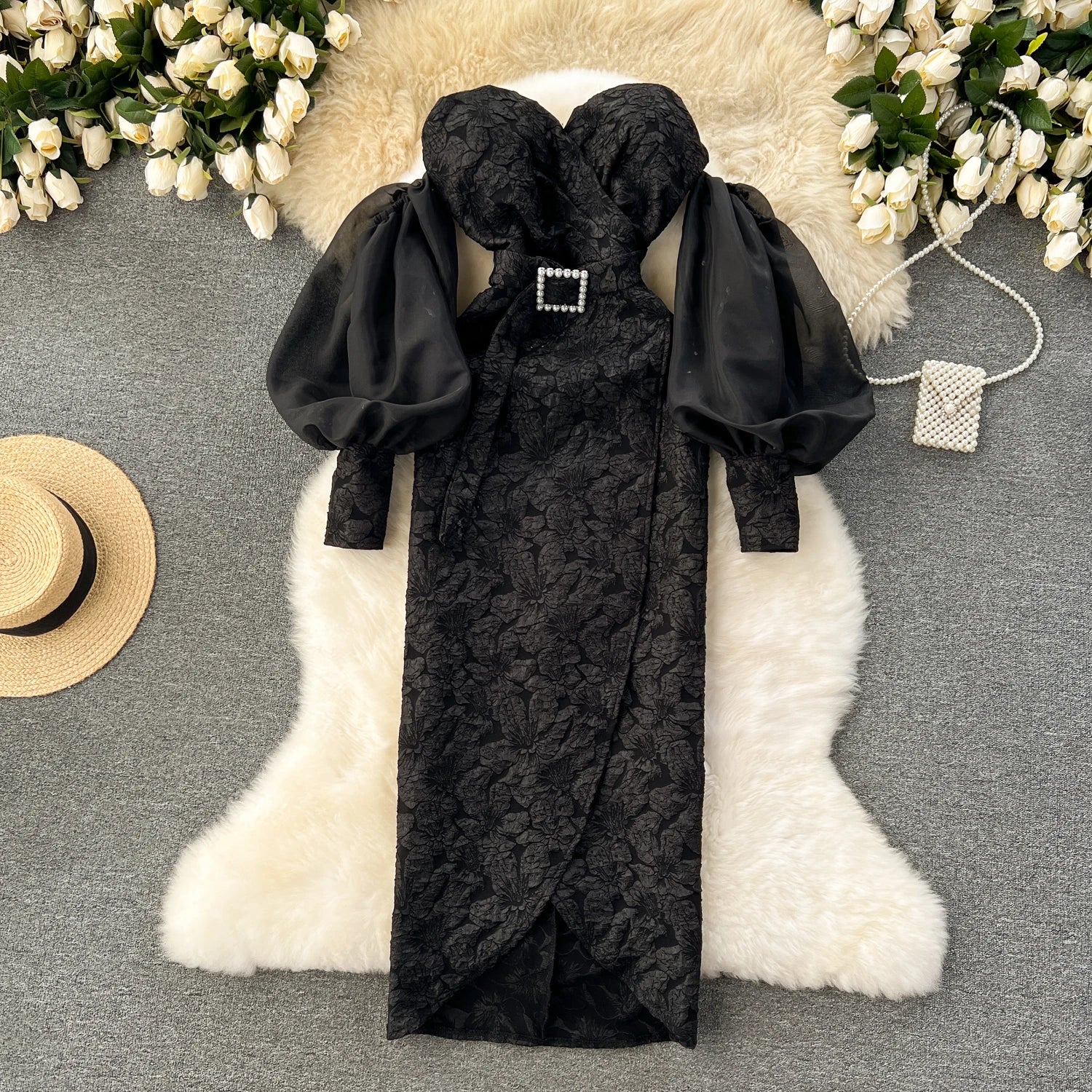 Vintage Chic Sequin Bishop Sleeve Off-Shoulder Slim Tube Dress