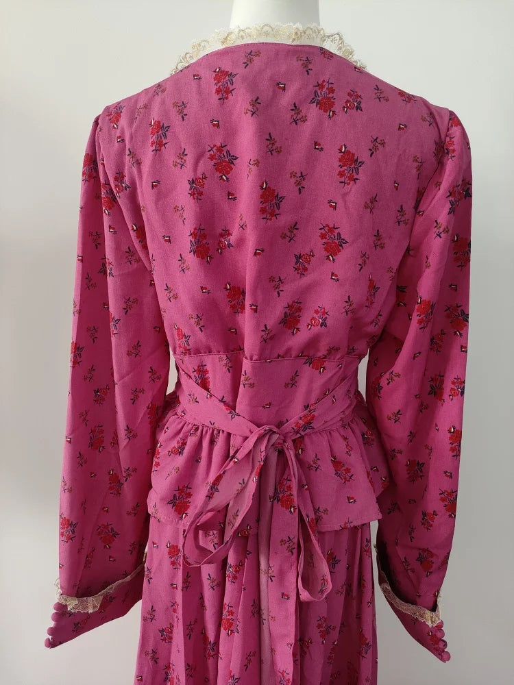 Rose Red Flower Autumn Long Sleeve French Vintage Dress V-neck Waist Cinched Slimming Ruffle Large Swing Long Dress for Women