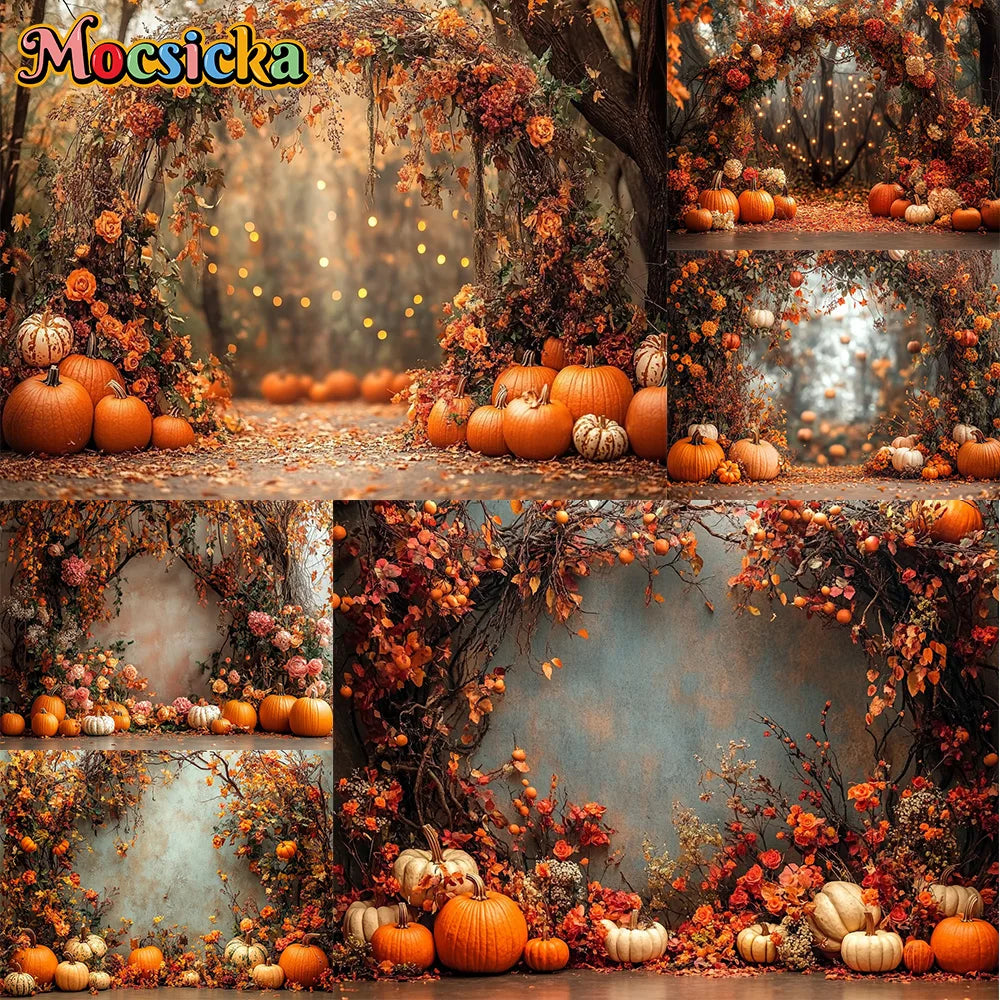 Mocsicka Photography Backdrop Autumn Pumpkin Maple Leaves Decoration Fall Portraits Photo Supplies Backgrounds For Photographs