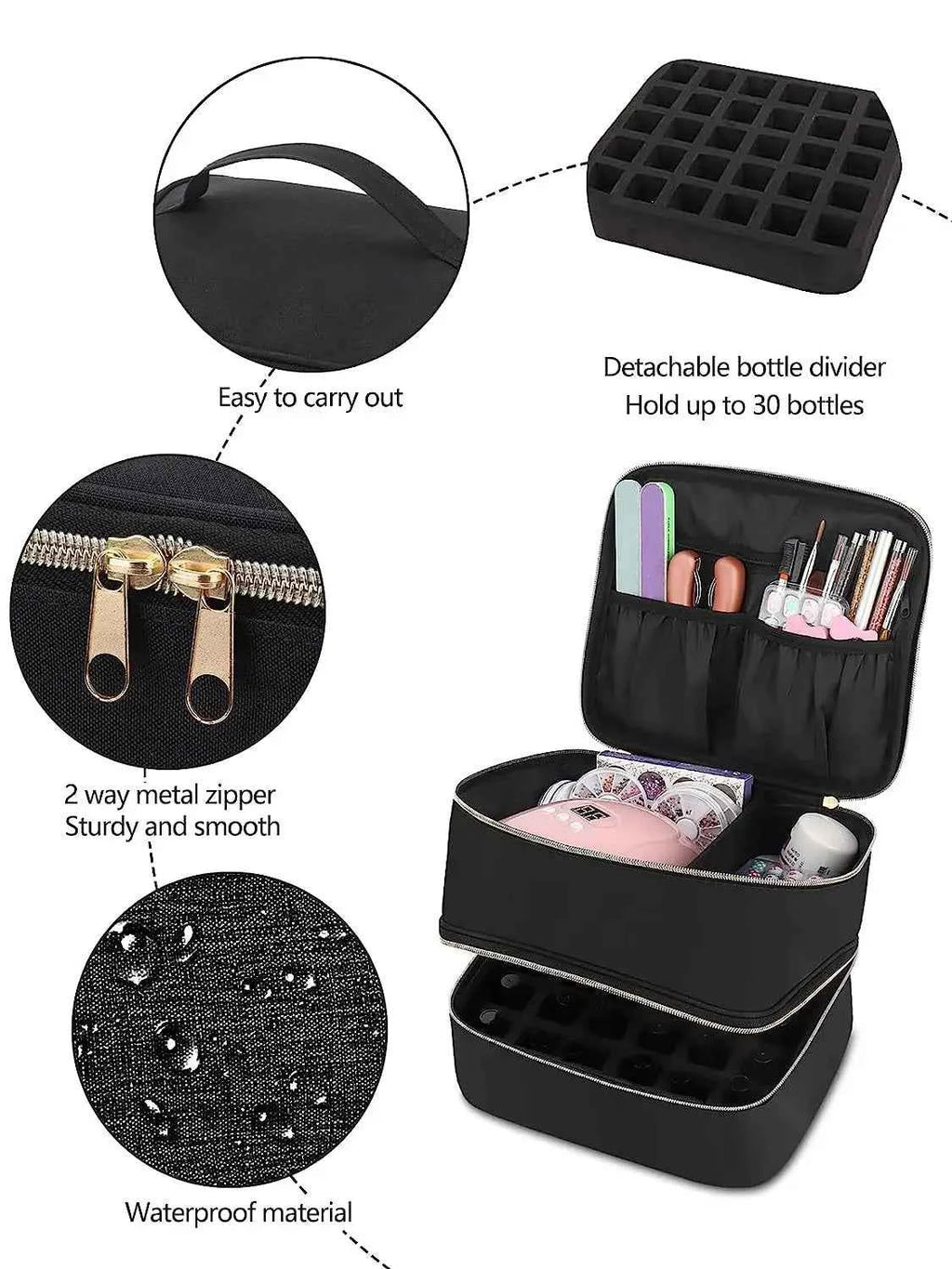 30 Bottle Black Nail Polish Storage Bag Essential Oil Case Cosmetic Handbag Organizer Travel Bag Large Capacity Two Layer