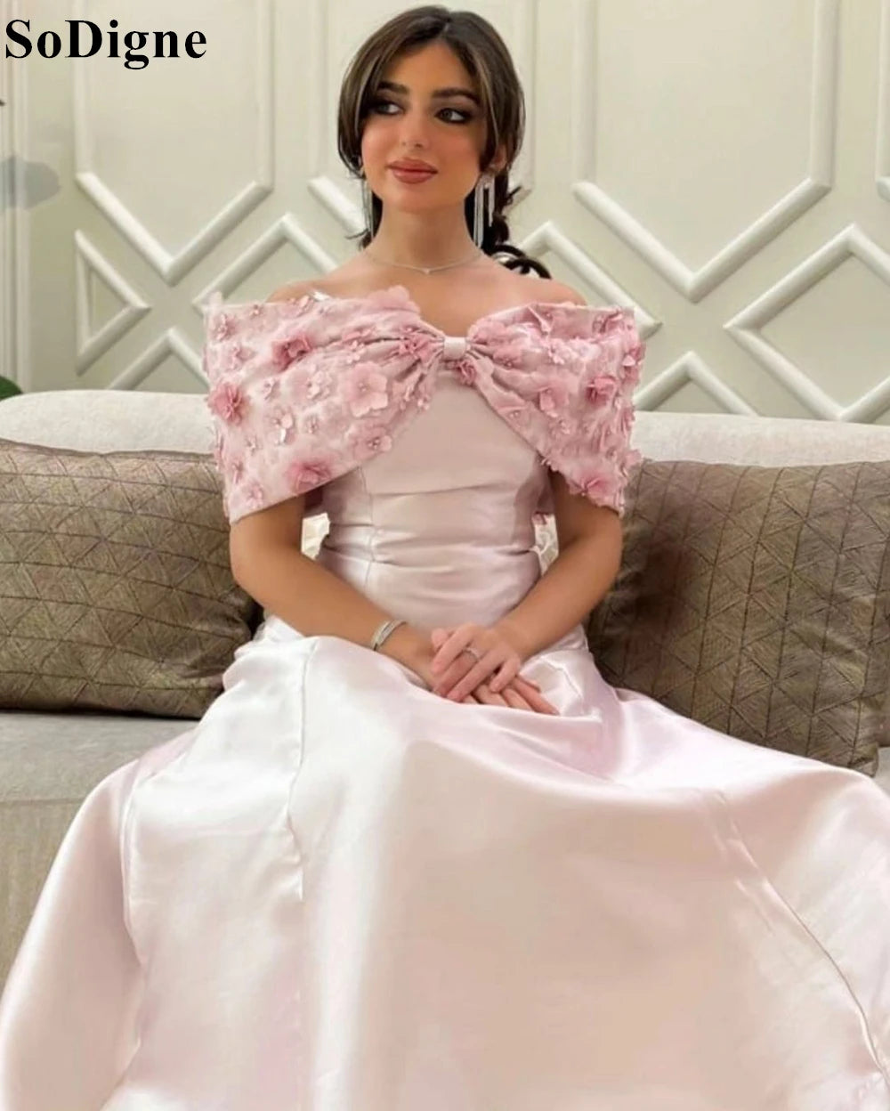 SoDigne Elegant Pink Satin Evening Dresses Off Shoulder Floral Appliques Pleated Party Dress 2024 Formal Occasion Prom Gowns