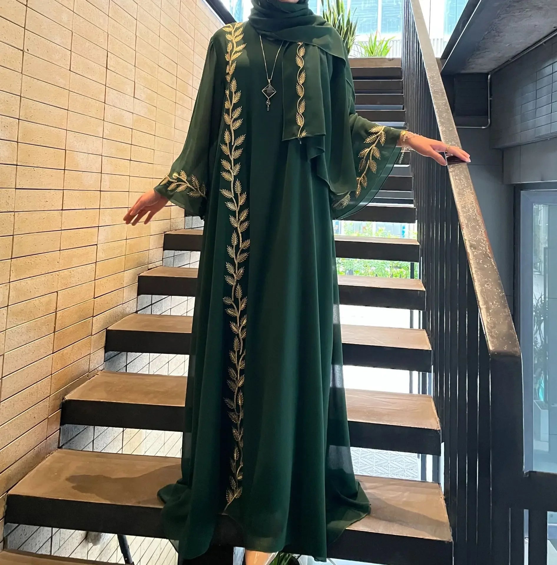 Women's Embroidery Abaya with Scarf – 2-Piece Muslim Dress Set