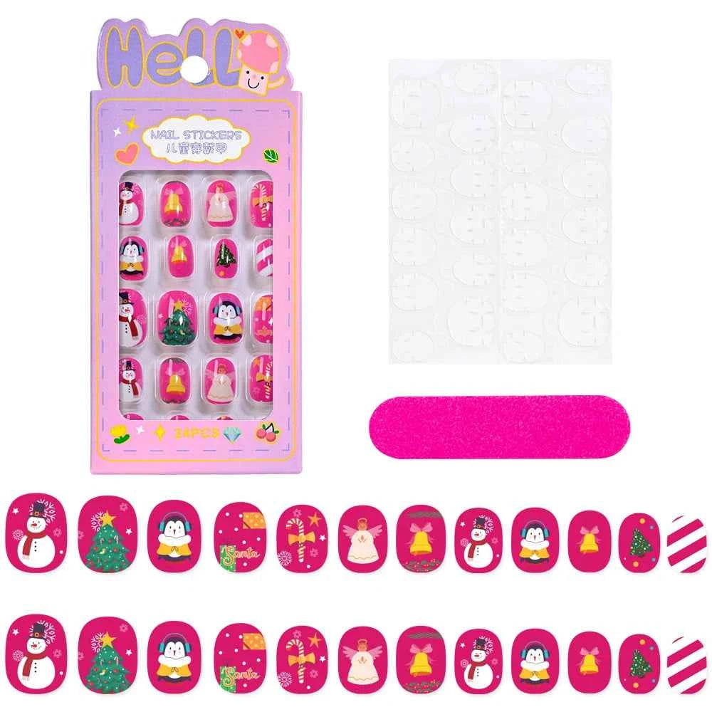24pcs Princess Girls Christmas Press On Nails Candy Color Kawaii Christmas Tree Snowman False Nails New Year Children Fasle Nail