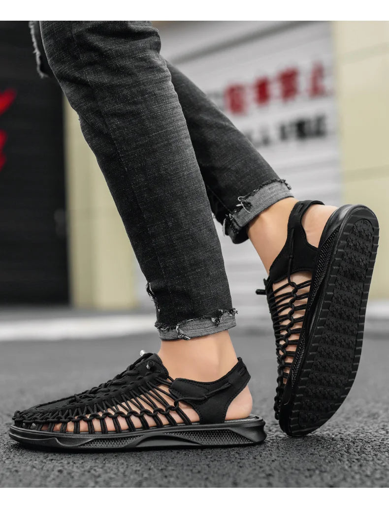2023 Summer Men's  Sandals Lace Up Hand Woven Sandals Thick Soled Soft Non Slip Casual Shoes High Quality Couple Beach Shoes