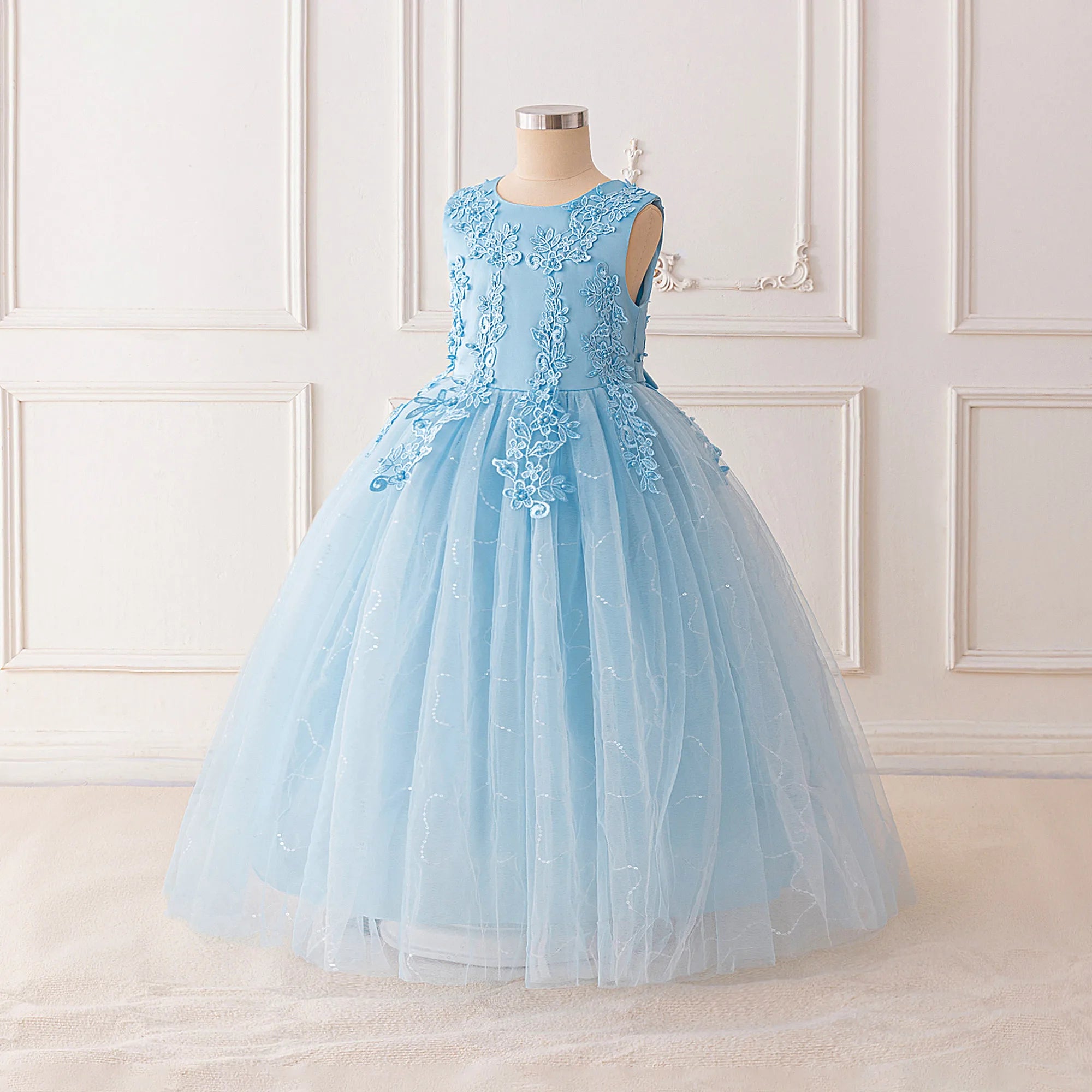 Fashion Flower Bridesmaid Girls Dress Elegant Bow Wedding Evening Princess Birthday Party Dress Graduation Baptism Kids Clothing
