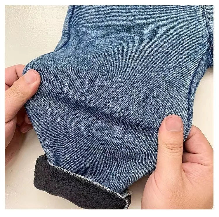 Boys' Fleece-Lined Jeans Thick One-Piece Pants for Winter. Stylish Baby & Children's Warm Trousers for Autumn