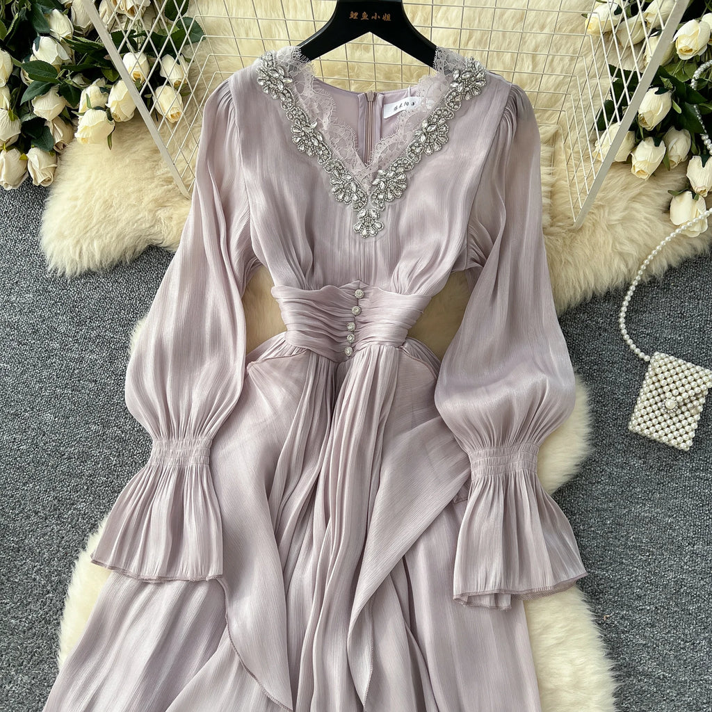 Spring Autumn Women Party Long Dress Elegant Female Red/Purple/Beige/Black Diamonds Patchwork Ruffle A-Line Maxi Vestidos New