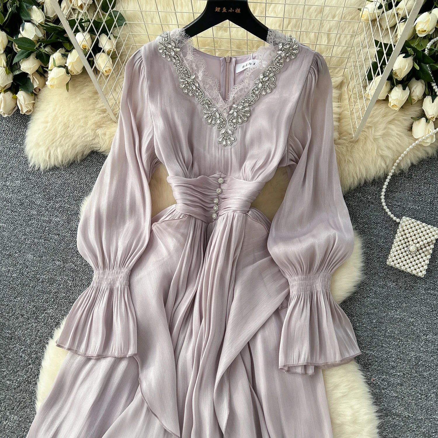 Spring Autumn Women Party Long Dress Elegant Female Red/Purple/Beige/Black Diamonds Patchwork Ruffle A-Line Maxi Vestidos New