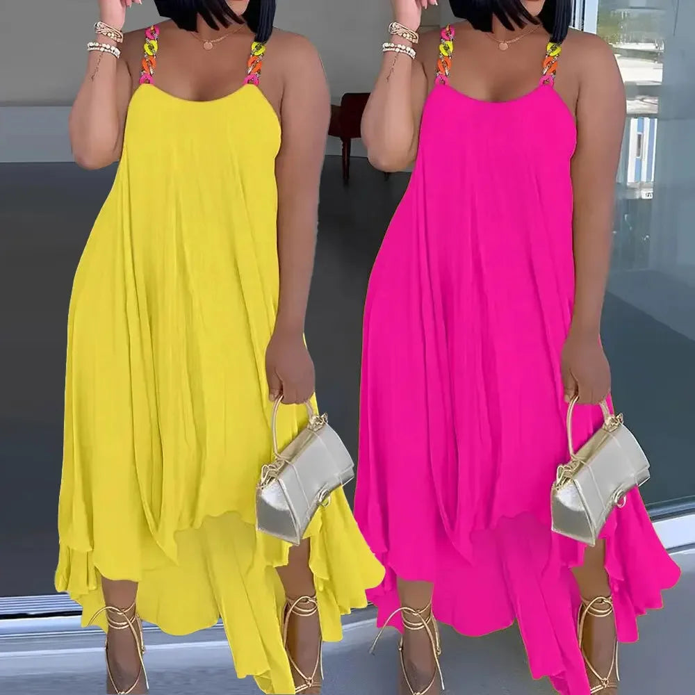 2025 Best Quality Famous Brand Dress Solid Spaghetti Strap Summer Casual Maxi Dress Vestido