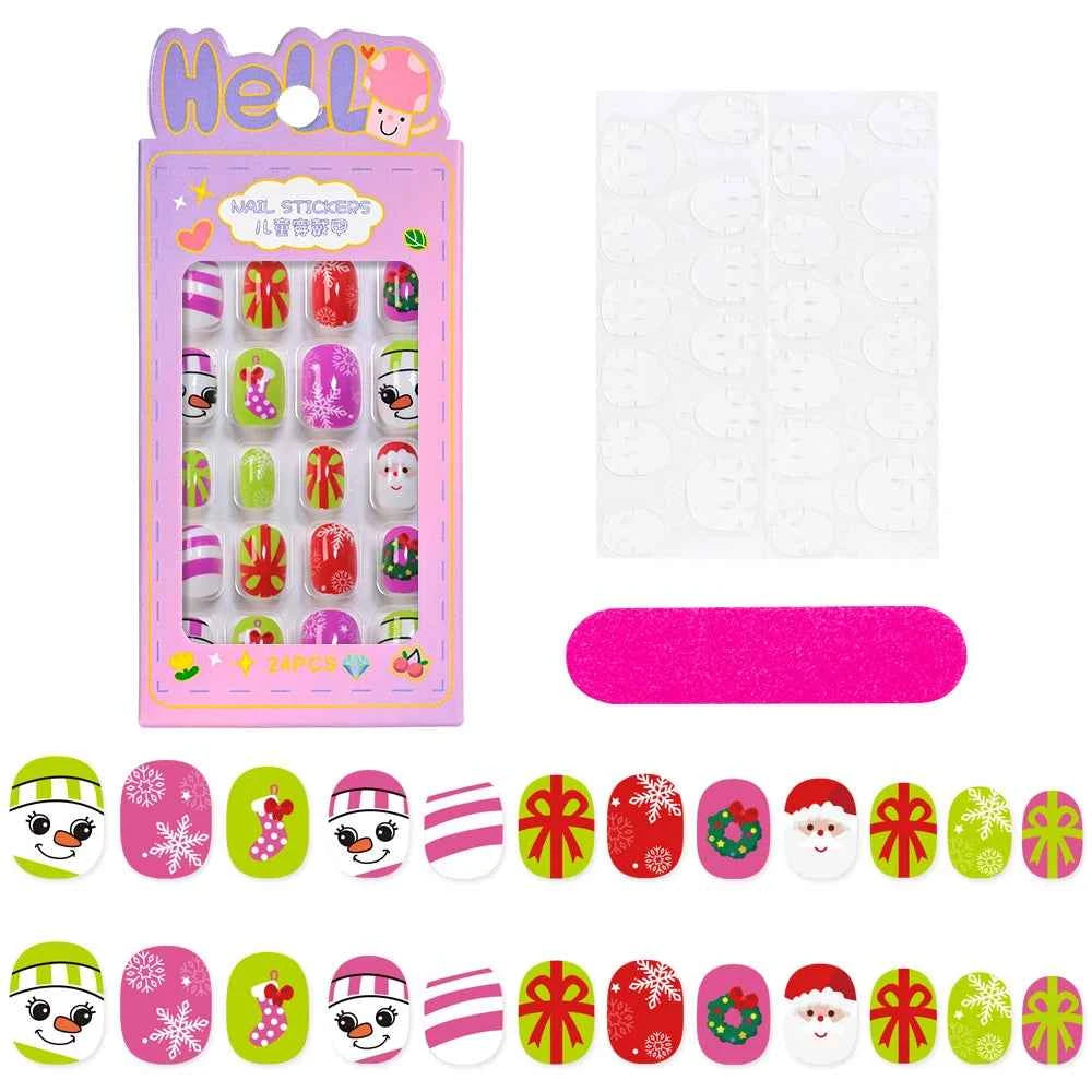 24pcs Princess Girls Christmas Press On Nails Candy Color Kawaii Christmas Tree Snowman False Nails New Year Children Fasle Nail