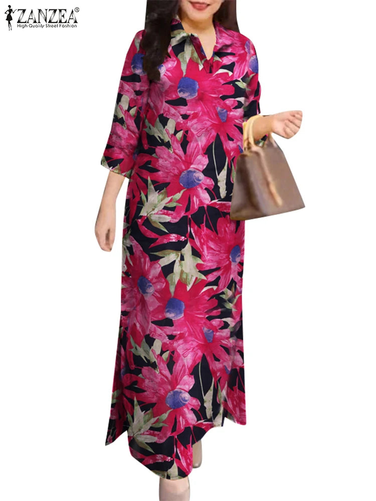 ZANZEA Floral Print Maxi Dress with Slit Hem & 3/4 Sleeves - Effortless Chic for 2024 Commute