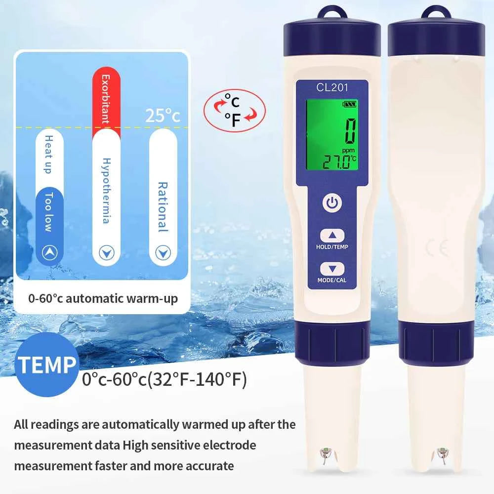 Multifunctional Chlorine Testing Pen 2/3/4/5 in 1 Water Quality Tester CL2 TEMP pH H2 ORP Measuring For Aquarium Swimming Pool