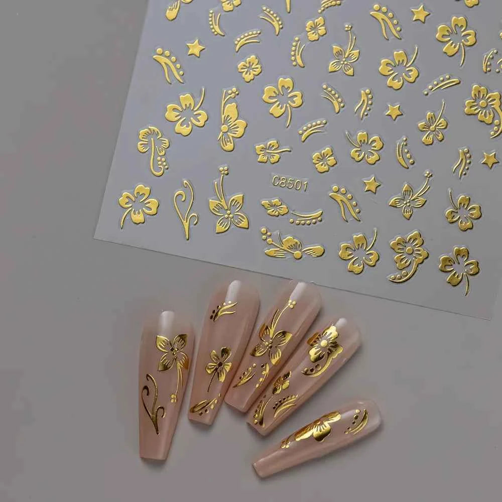 1pcs 3D White Hibiscus Flowers Nail Stickers Holographic Silver Gold Tropical Petal Slider For Nails French Manicure Decoration