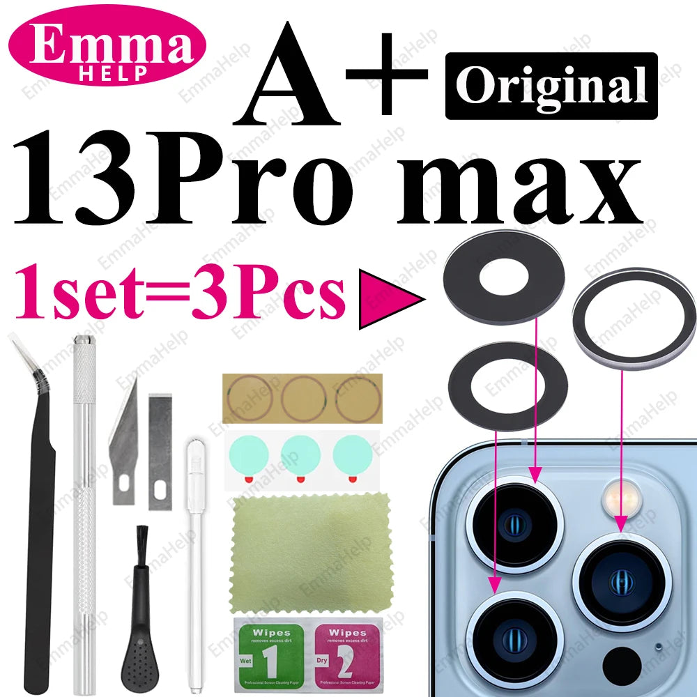 Sapphire Camera Lens Glass for iPhone 15/14/13/12/11 Pro Max Plus Mini - Complete Repair Kit with Adhesive