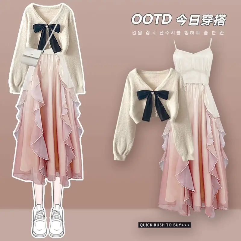 Elegant Korean Chic Two-Piece Dress Set: Short Sweater & Suspended Skirt for Spring & Autumn