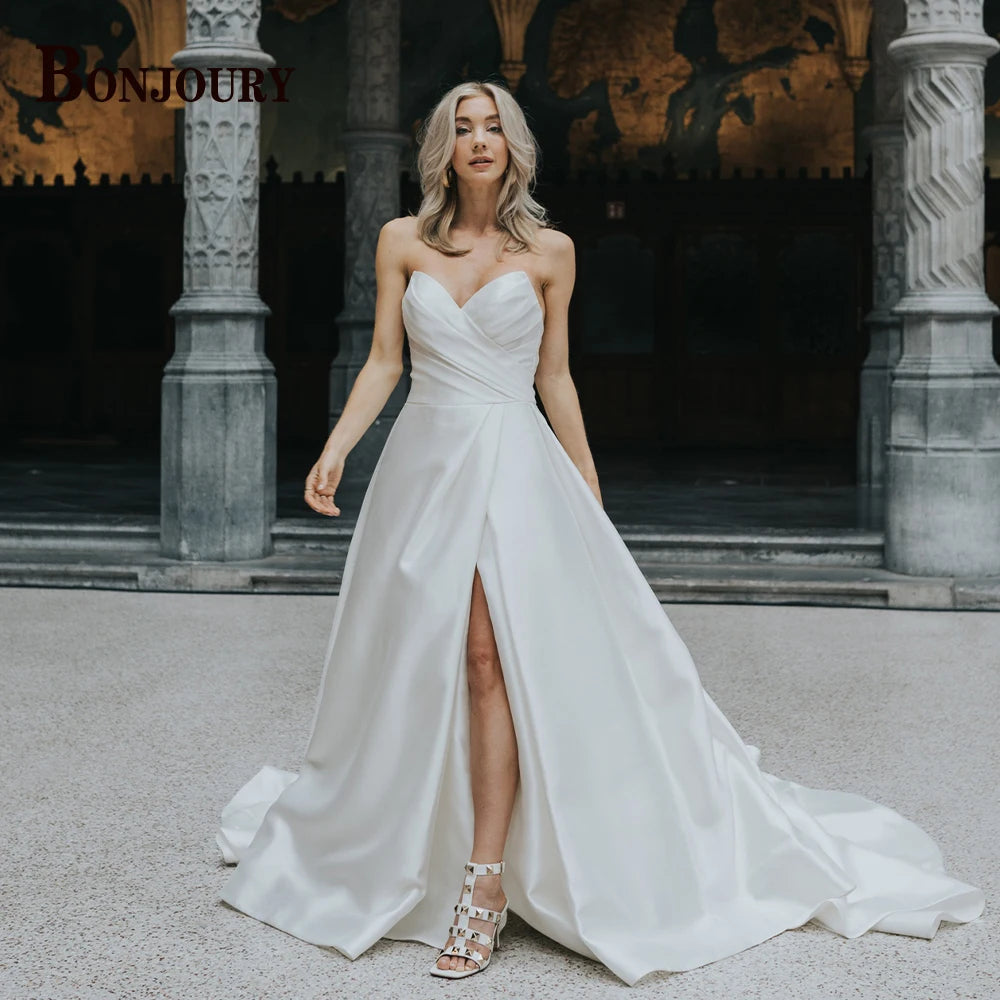 BONJOURY V-neck Satin Wedding Dress with Pockets & Chapel Train for Confident Brides