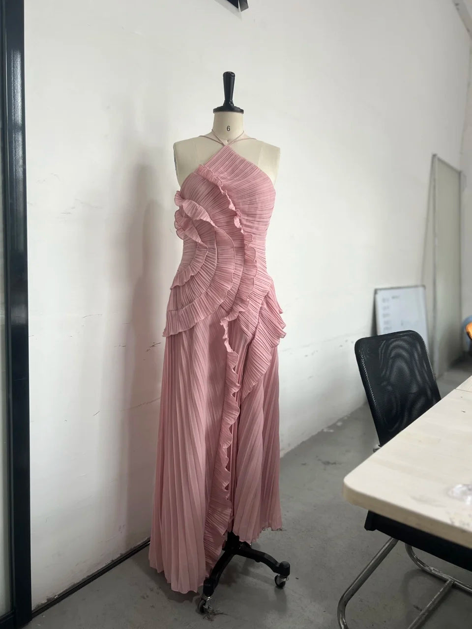 Elegant Affair Evening Gown - Ruffled Neck Strap, Backless Design, A-Line Silhouette, Perfect for Parties & Vacations