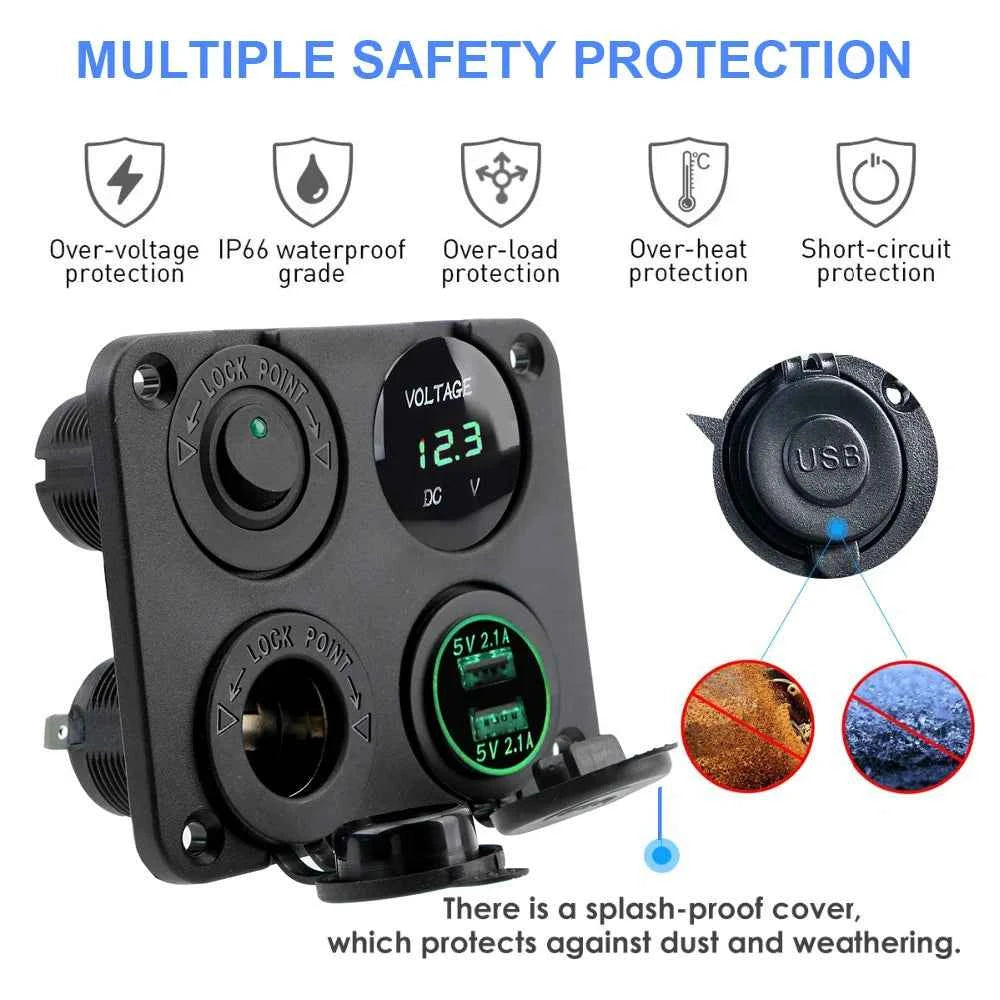 12V 24V 6 Buttons Car Switch Panel 15A Fuse Marine Circuit Breaker Voltmeter Tester Light Toggle USB Chargers 3.0 Auto Splitter