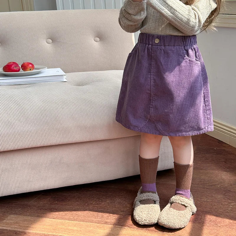 2025 Spring Children's Soft Pit Strip Cotton Corduroy Half Length Skirt for Girls Autumn Fashionable Versatile Short Skirt 2-16Y