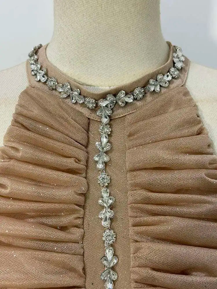 DEAT Women's Slim Dress with Diamond Folds & Zipper - Sleeveless Round Collar Summer Style
