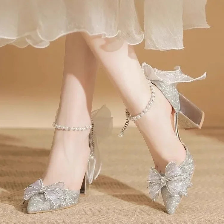 High Heels 2025 New Pearl Bow Silver Hollow Sandals Graduation Wedding Dress Big Size Bride Shoes