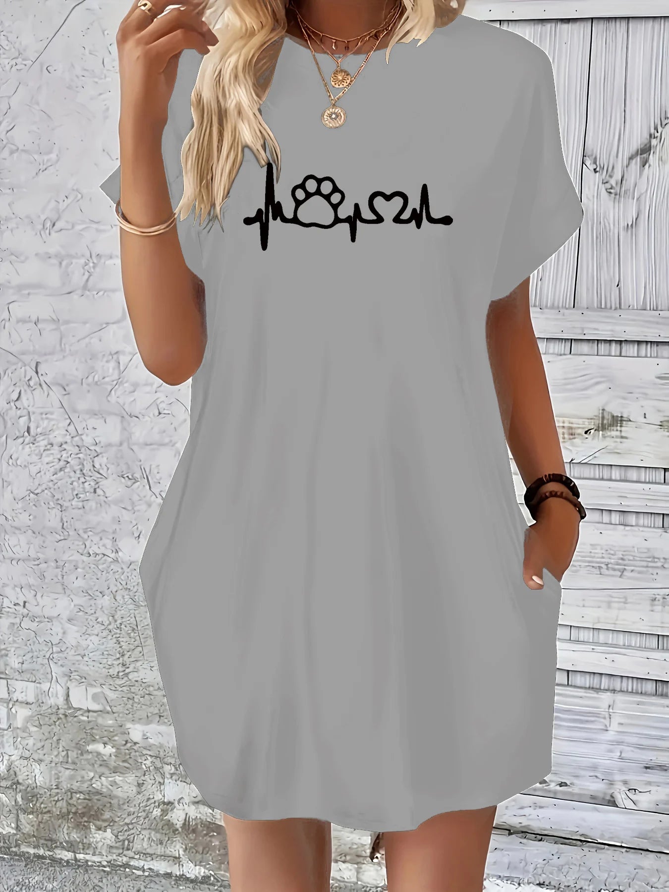 Women's Summer Loose Cat Footprints Lover Print Round Neck Short Sleeve Pocket Comfortable Casual Plus Size Dress