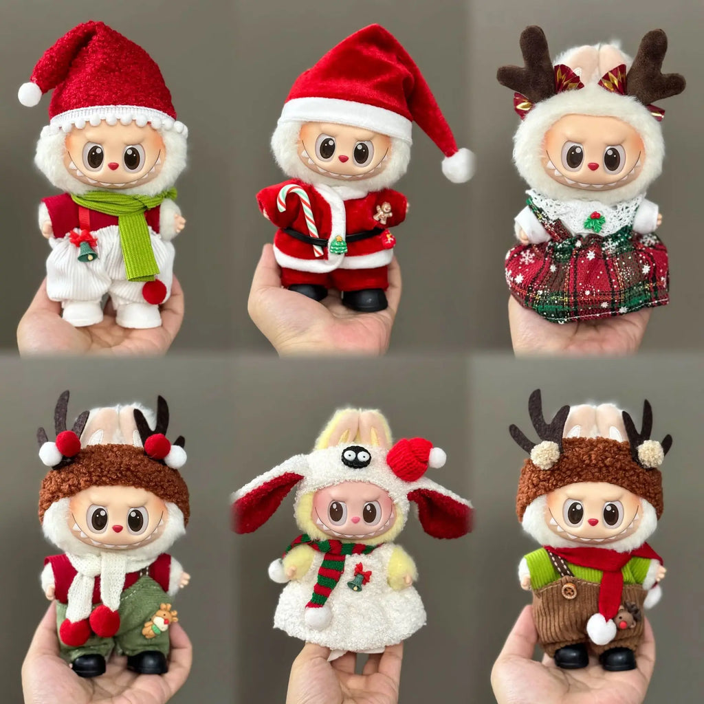 For 17cm Labubu 3.0 Dolls Accessories DIY Doll Clothes Heartbeat Long Eared Furry Rabbit Costume Cartoon Dress Up Christmas Gift