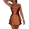 Women Solid Color Cami Playsuits Cowl Neck Sleeveless Short Jumpsuits Summer Dress Cross Tie-Up Backless Romper Clubwear