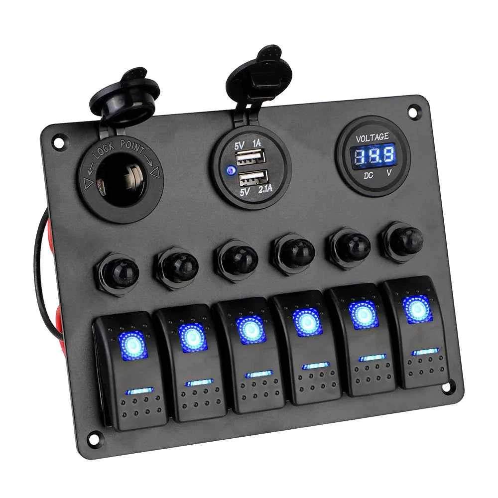 12V 24V 6 Buttons Car Switch Panel 15A Fuse Marine Circuit Breaker Voltmeter Tester Light Toggle USB Chargers 3.0 Auto Splitter