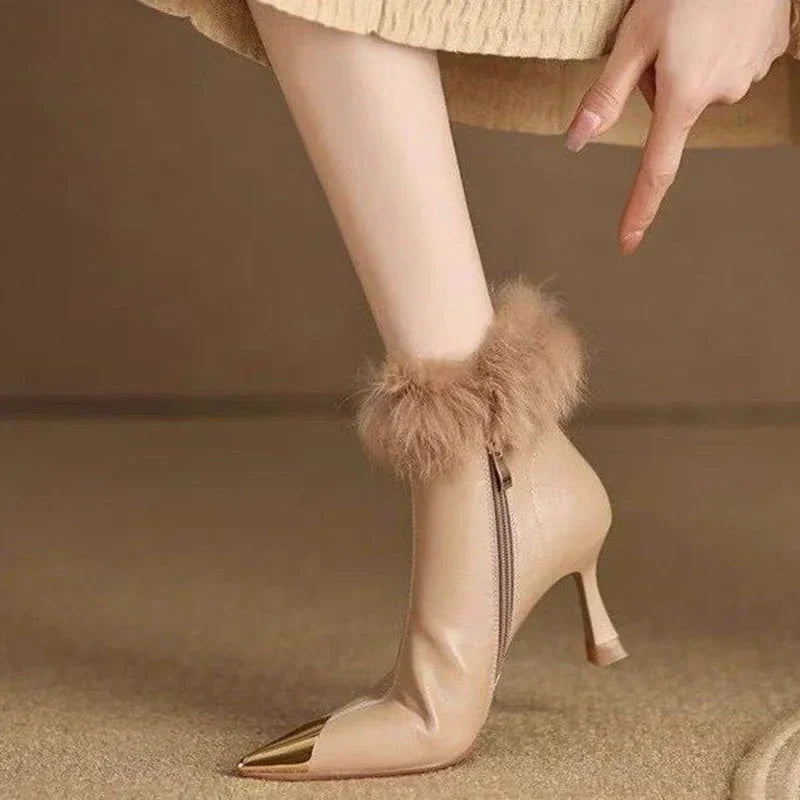 Women Sexy Plush High Heels Chelsea Ankle Boots Luxury Pointed Toe Zipper Shoes 2024 Winter Fashion Gladiator Pumps Botas