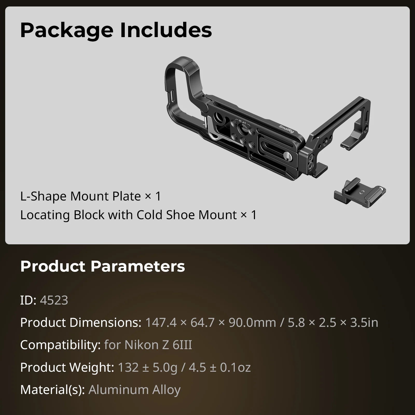 SmallRig L Plate for Nikon Z 6III, L-Bracket for Arca-Swiss, with 1/4"-20 Threaded Holes, QD Connector, Cold Shoe Mount - 4523