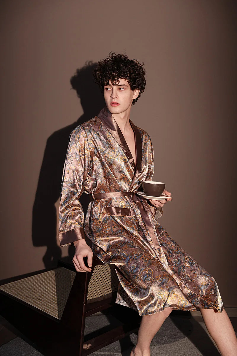 Men's Thin Bathrobe High Quality Nightrobes One-Piece Robe Male Loungewear Gents Spring and Autumn New Ice Silk Printed Pajamas