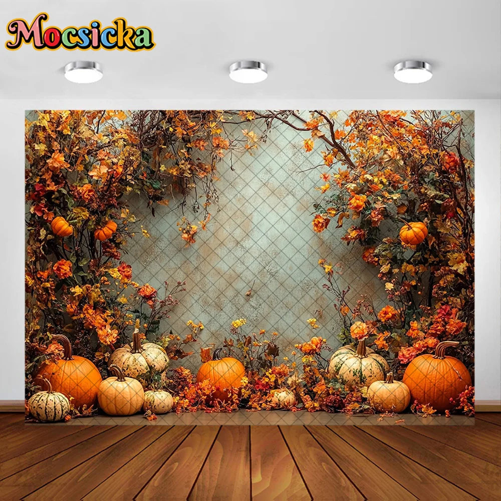 Mocsicka Photography Backdrop Autumn Pumpkin Maple Leaves Decoration Fall Portraits Photo Supplies Backgrounds For Photographs