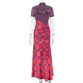 Women's Gauze Spliced Turtleneck Short Sleeve Pleated Waistband Irregular Long Dress, Hips Wrapped