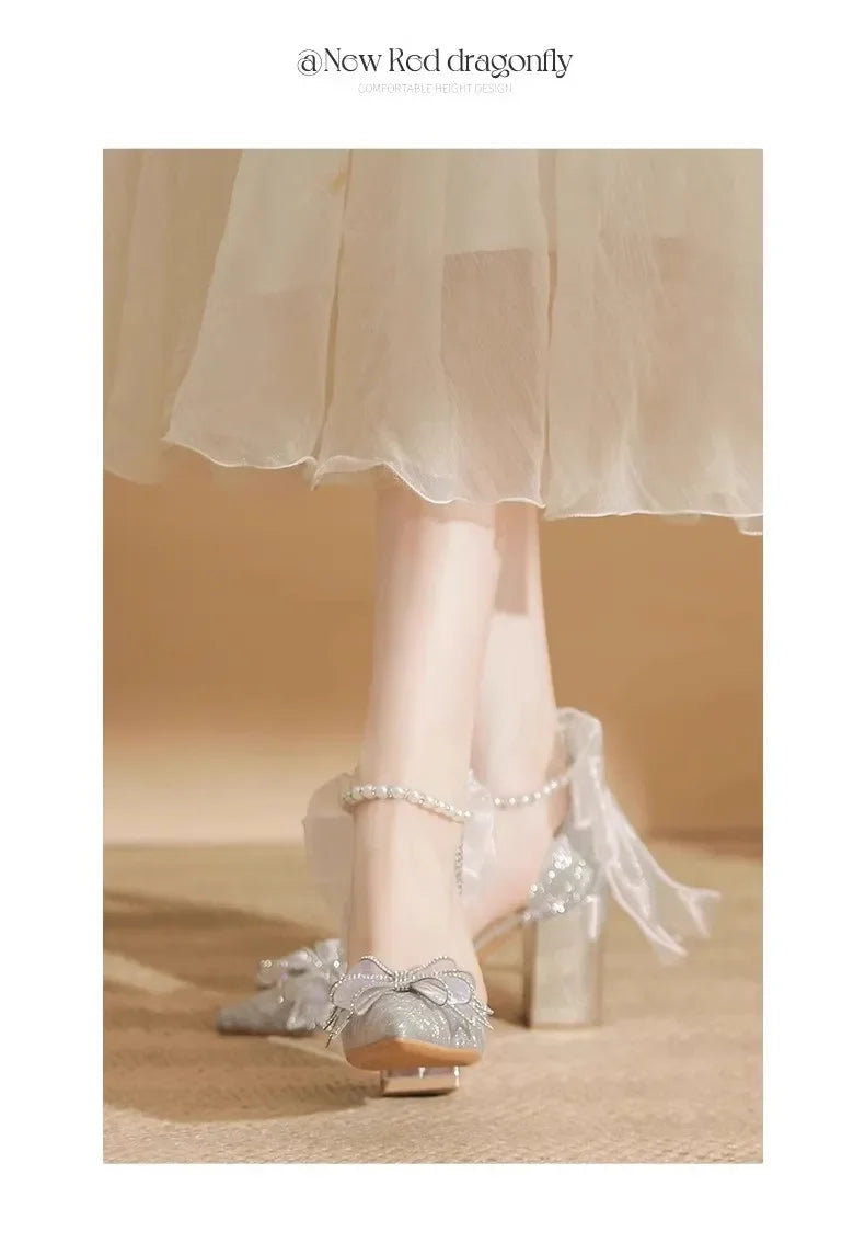 High Heels 2025 New Pearl Bow Silver Hollow Sandals Graduation Wedding Dress Big Size Bride Shoes