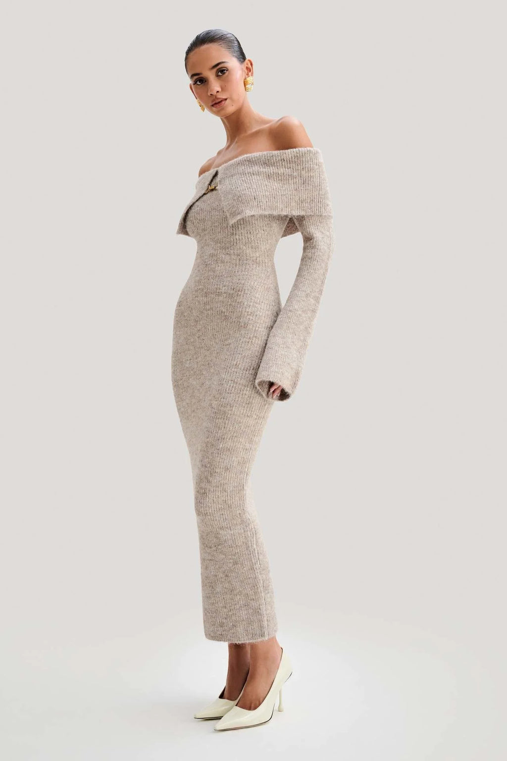 Luxury Fluffy Solid Knitted Off Shoulder Midi Dress Women 2024 Fall Winter Elegant Bodycon Flared Long Sleeve Sweater Long Dress