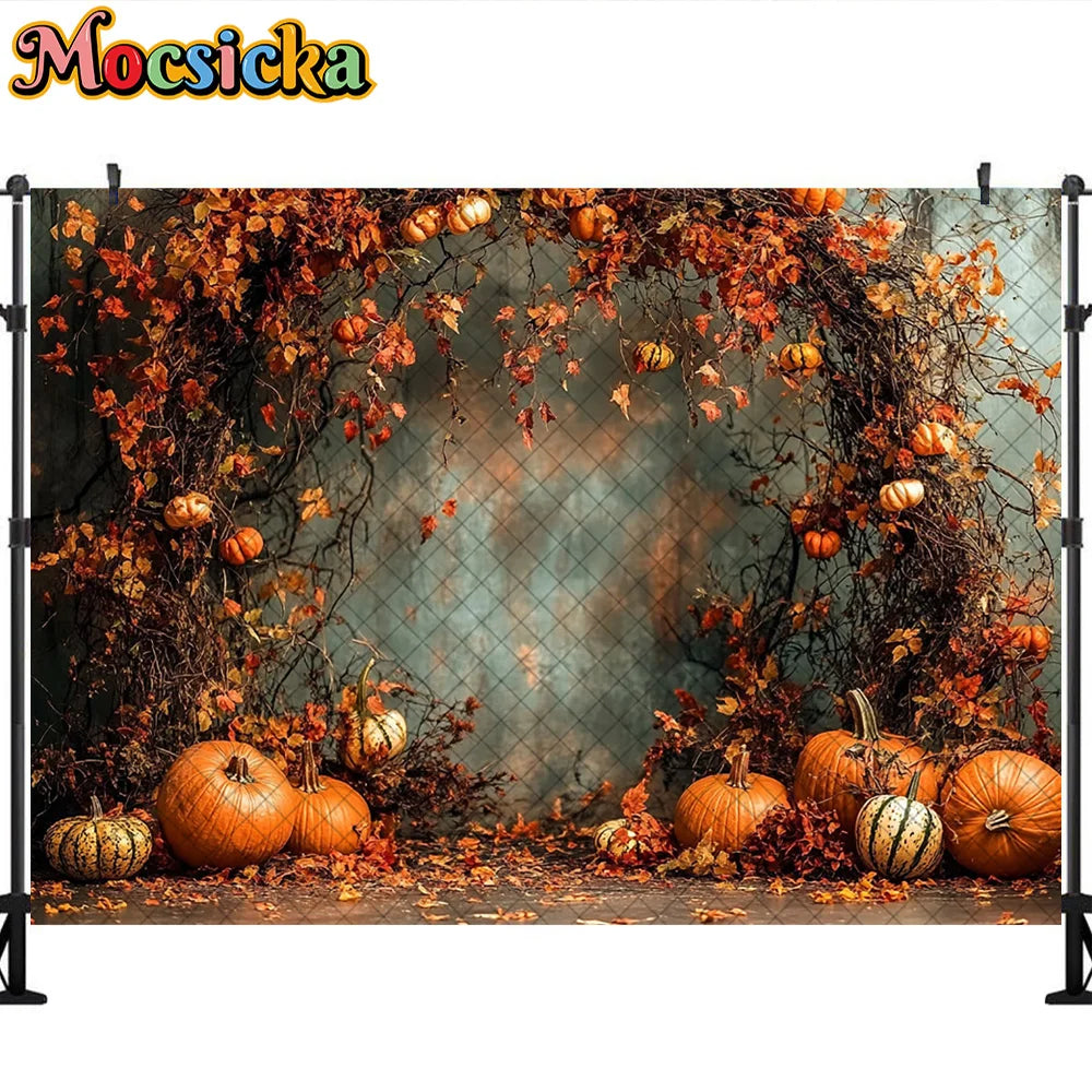 Mocsicka Photography Backdrop Autumn Pumpkin Maple Leaves Decoration Fall Portraits Photo Supplies Backgrounds For Photographs