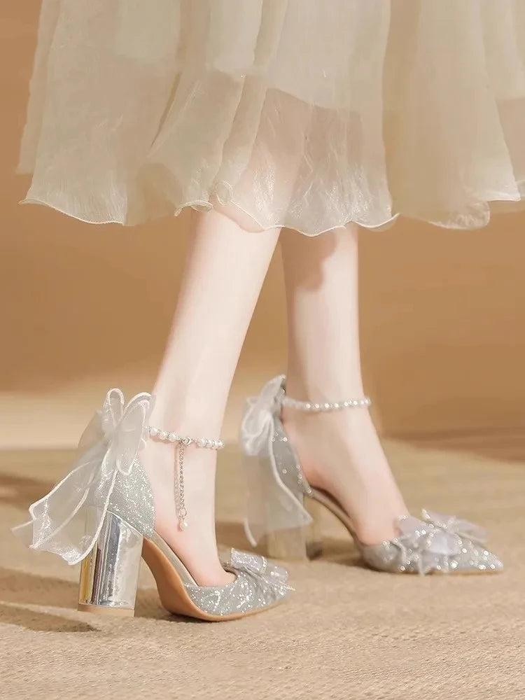 High Heels 2025 New Pearl Bow Silver Hollow Sandals Graduation Wedding Dress Big Size Bride Shoes