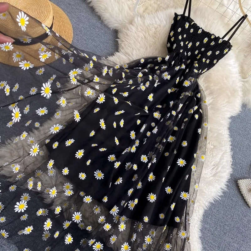YuooMuoo Women Dress 2026 New Korean Fashion Floral Print Spaghetti Straps Mesh Party Dress Vacation Style Lady Beach Vestidos