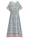 Vintage Chic Women Multi Floral Print Short Sleeve Beach Bohemian Maxi Dress Ladies V-neck Rayon Cotton Summer Boho Dresses Robe
