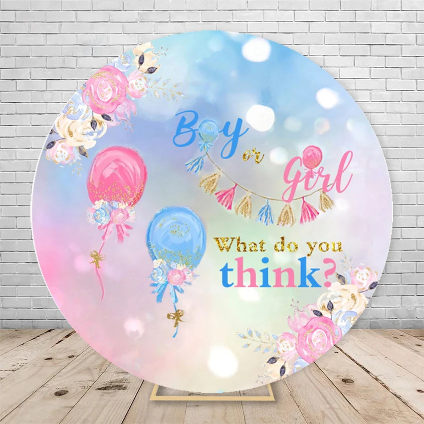 Gender Reveal Backdrop Round Cover Watercolor Cloud Bear Party Decor He or She Oh Baby Shower Photography Background Elasticity