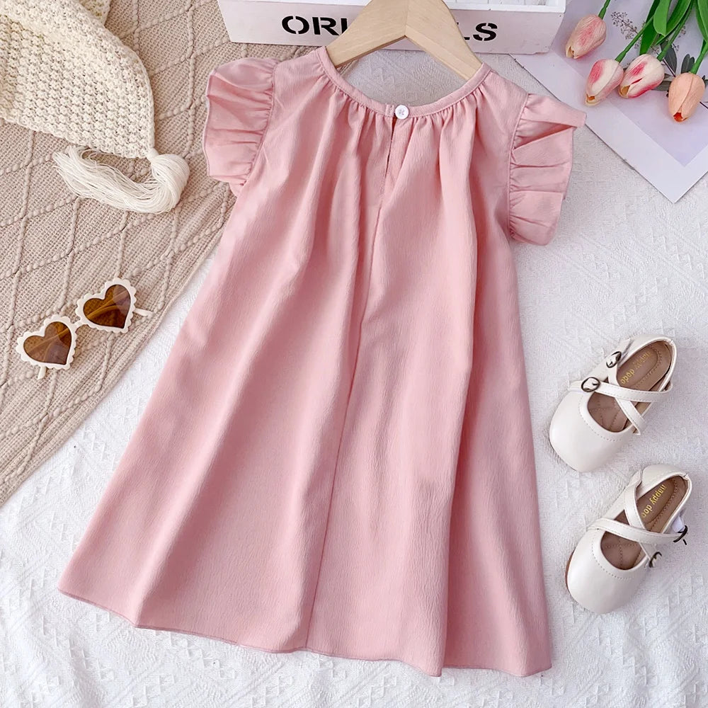 Bear Leader 3-7Y Baby Girls Princess Dresses Round Neck Summer Solid Color Kids Dress Flying Sleeve Pleated Pink Girl Clothes