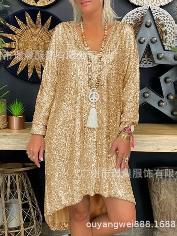 Trendy Solid Color Sequin Dresses Women V-neck Long Sleeve Loose Irregular Mini Dress Lady Commuting Vestidos Spring Autumn New