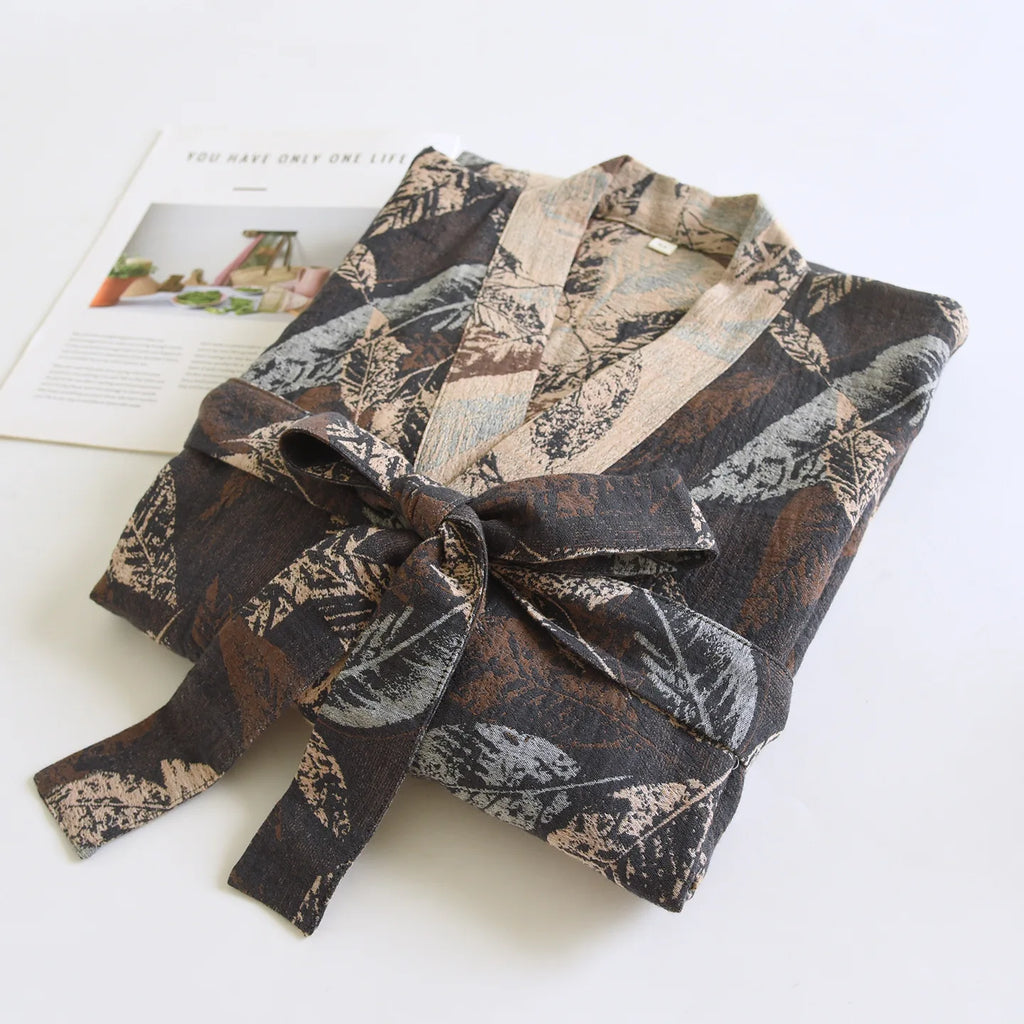 Men's Cotton Crepe Pajamas Robe Japanese Kimono Cardigan Print Sleepwear V-Neck Gauze Comfort Bathrobe Homewear for Men